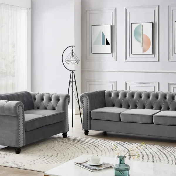 2 Seater Chesterfield Sofa, Grey Velvet
