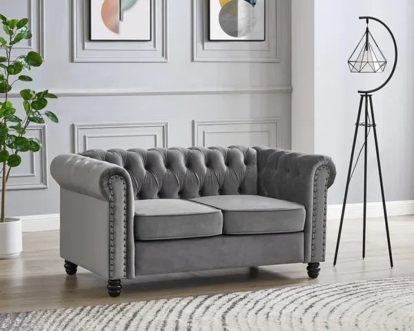 2 Seater Chesterfield Sofa, Grey Velvet