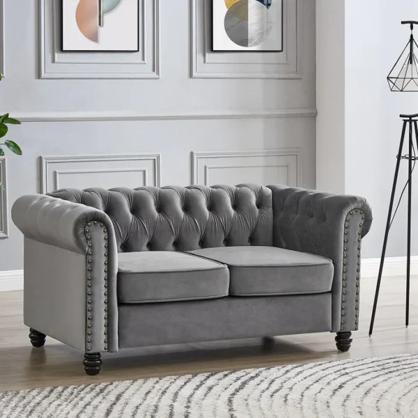 2 Seater Chesterfield Sofa, Grey Velvet