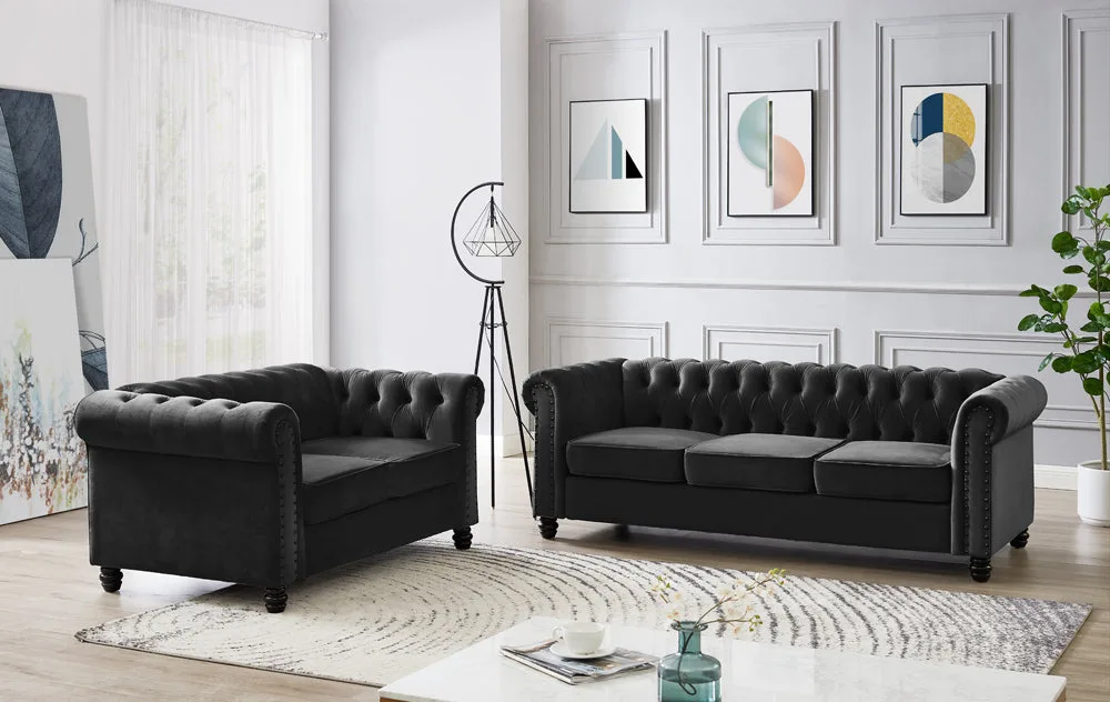 2 Seater Chesterfield Sofa Black Velvet Absolute Home