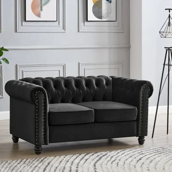 2 Seater Chesterfield Sofa, Black Velvet