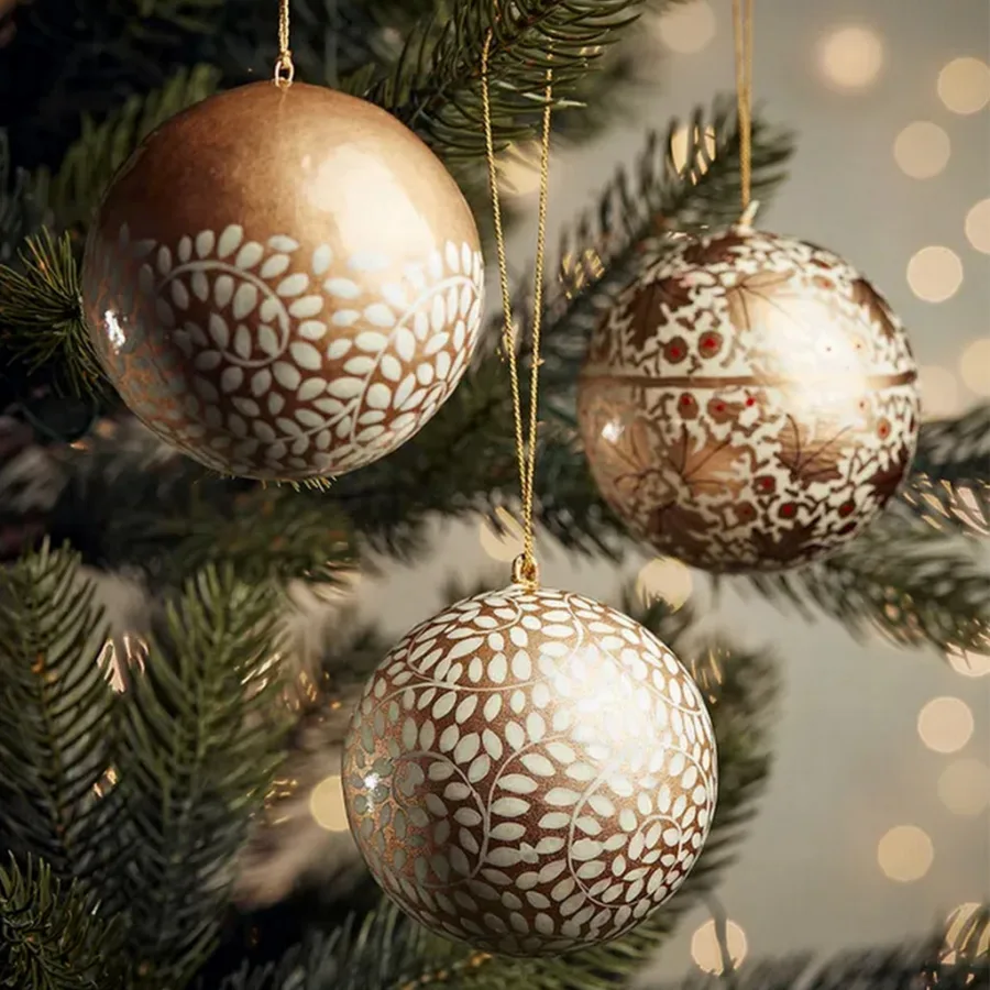 Three hand painted paper baubles