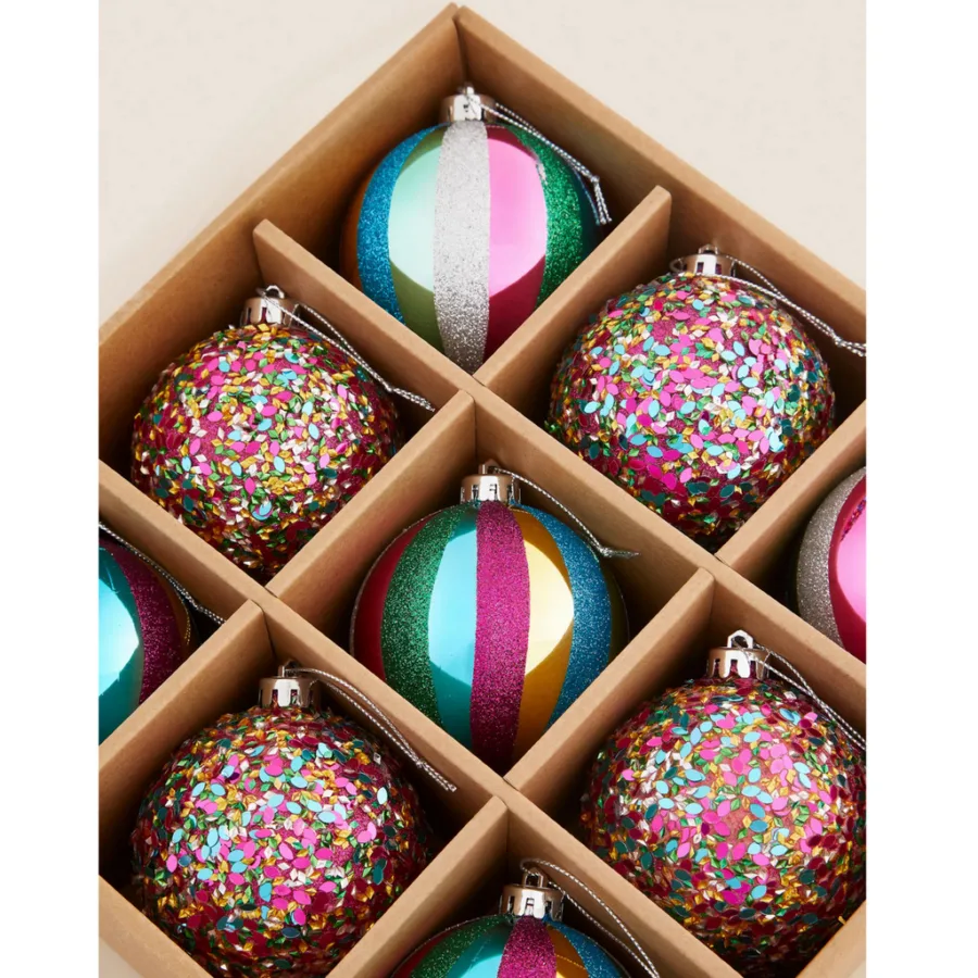 9 x multicoloured shatterproof baubles