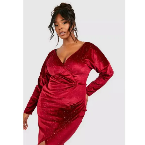 Plus Red Glitter Velvet Wrap Midaxi Dress