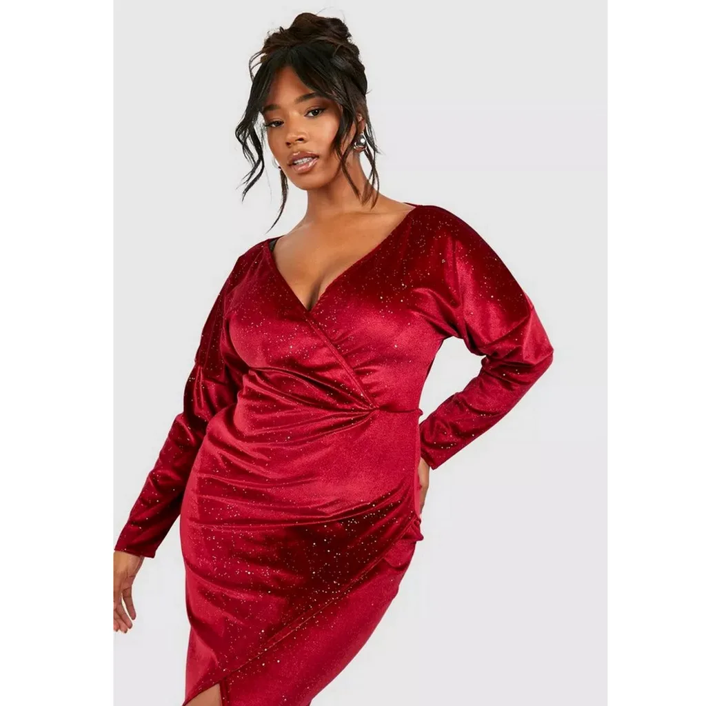 Plus red glitter velvet wrap midaxi dress Plus red glitter velvet wrap midaxi dress