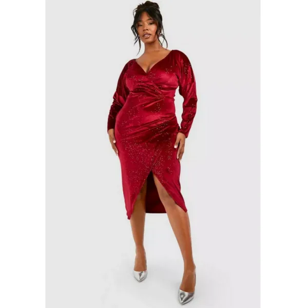 Plus Red Glitter Velvet Wrap Midaxi Dress