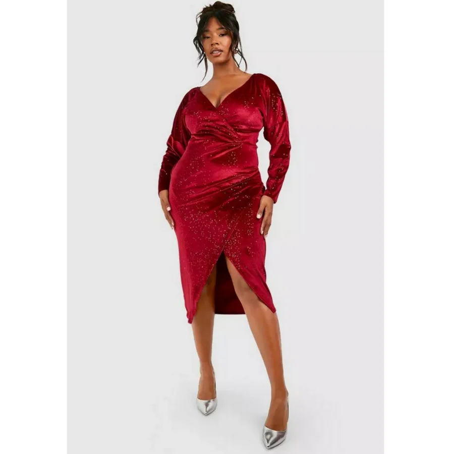 Plus red glitter velvet wrap midaxi dress
