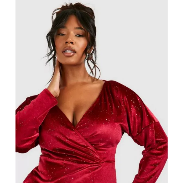 Plus red glitter velvet wrap midaxi dress