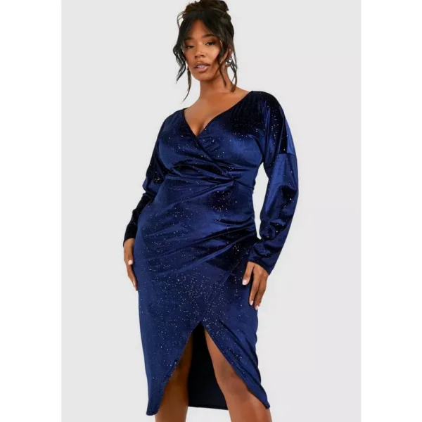 Plus blue glitter velvet wrap midaxi dress