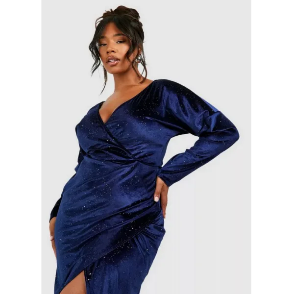 Plus blue glitter velvet wrap midaxi dress
