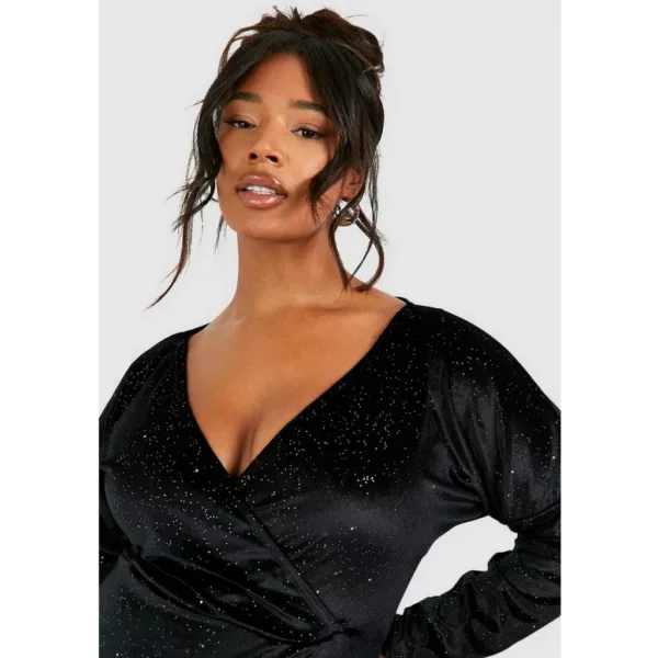 Plus Black Glitter Velvet Wrap Midaxi Dress