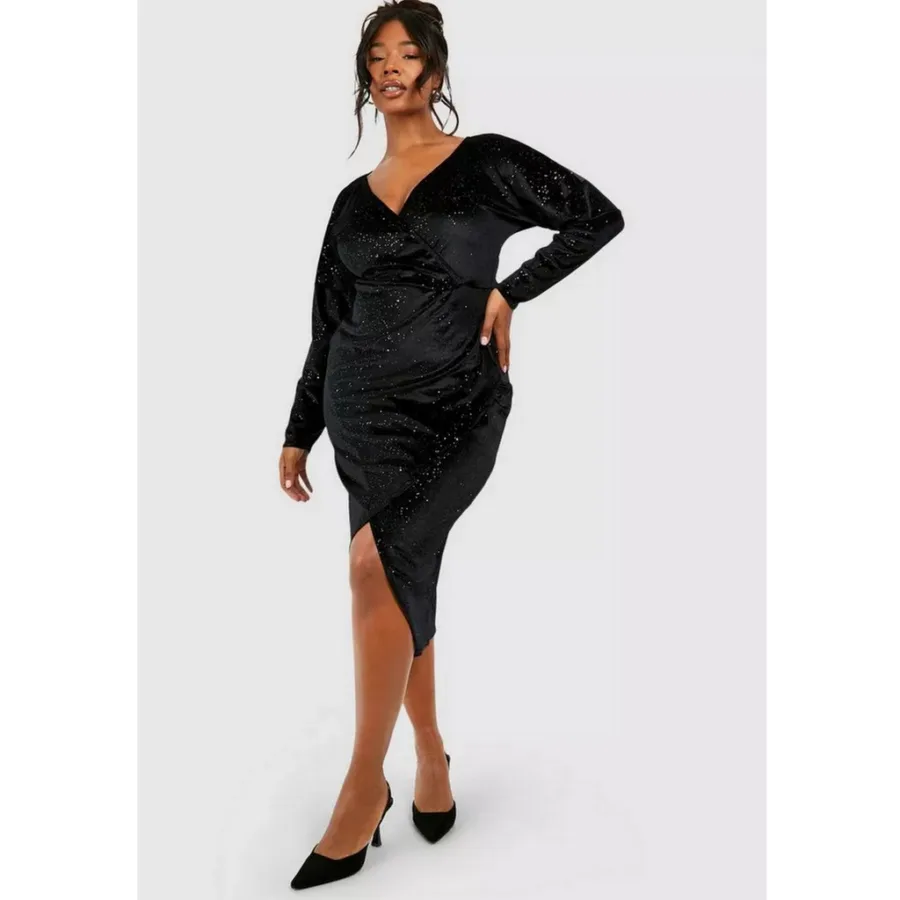 Plus black glitter velvet wrap midaxi dress