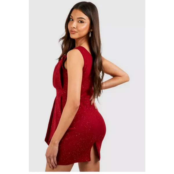 Glitter red one shoulder pleat detail bodycon dress