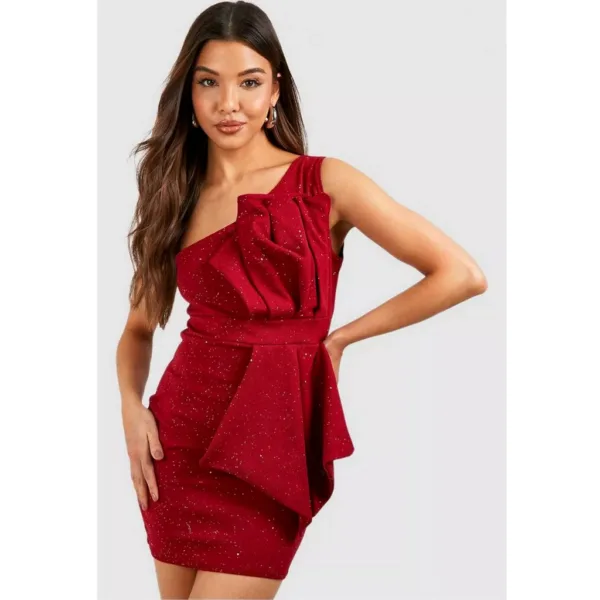 Glitter red one shoulder pleat detail bodycon dress