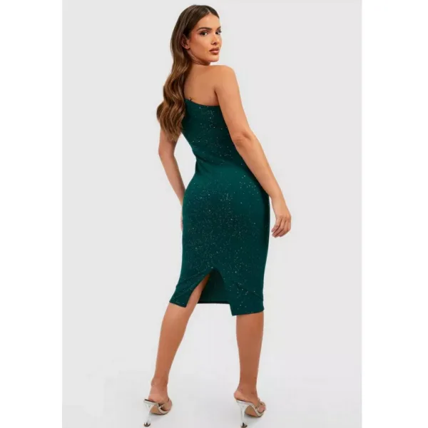 Glitter green one shoulder pleat detail bodycon dress