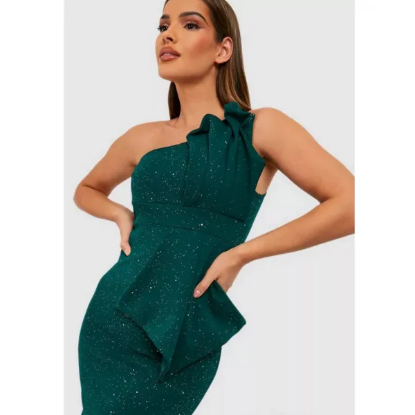 Glitter green one shoulder pleat detail bodycon dress