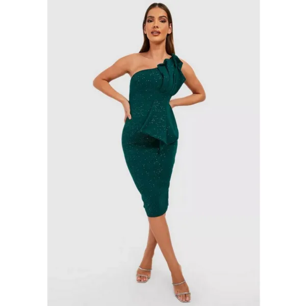 Glitter Green One Shoulder Pleat Detail Bodycon Dress