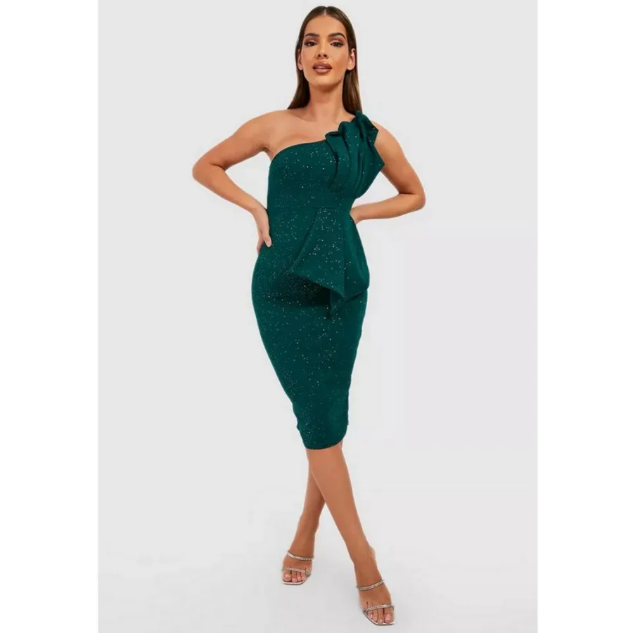 Glitter green one shoulder pleat detail bodycon dress