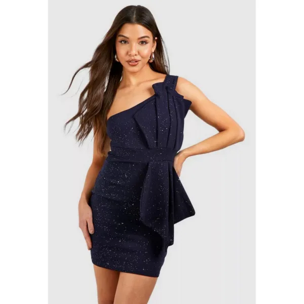 Glitter navy one shoulder pleat detail bodycon dress
