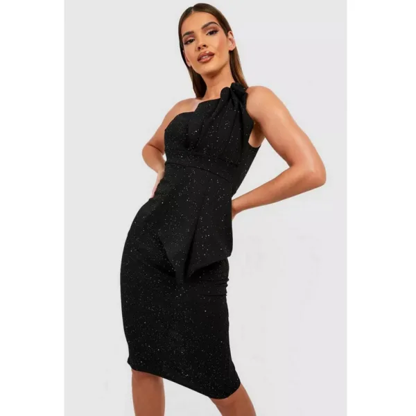 Glitter Black One Shoulder Pleat Detail Bodycon Dress