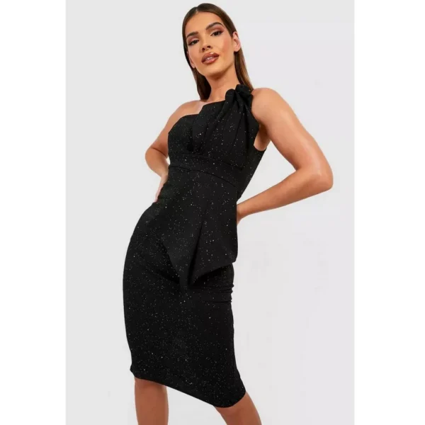 Glitter Black One Shoulder Pleat Detail Bodycon Dress
