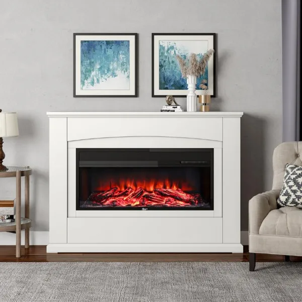 34 inch electric fireplace with white wooden mantel