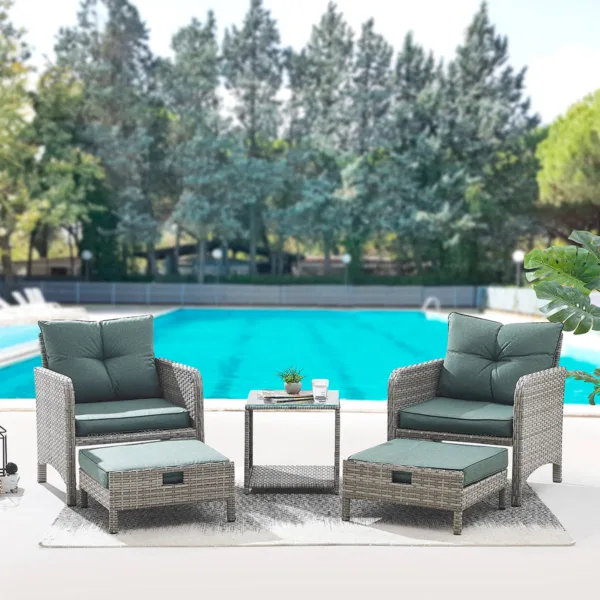 Garden Armchair Rattan Set with Side Table & Ottoman Footstools - Grey