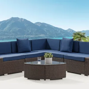 Corner l-shape rattan sofa lounge set - brown with blue cushions
