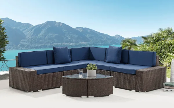 Corner l-shape rattan sofa lounge set - brown with blue cushions