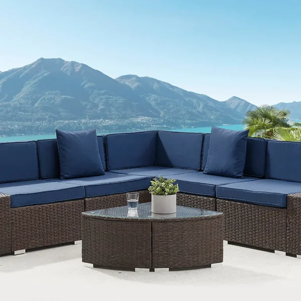Corner L-Shape Rattan Sofa Lounge Set - Brown with Blue Cushions