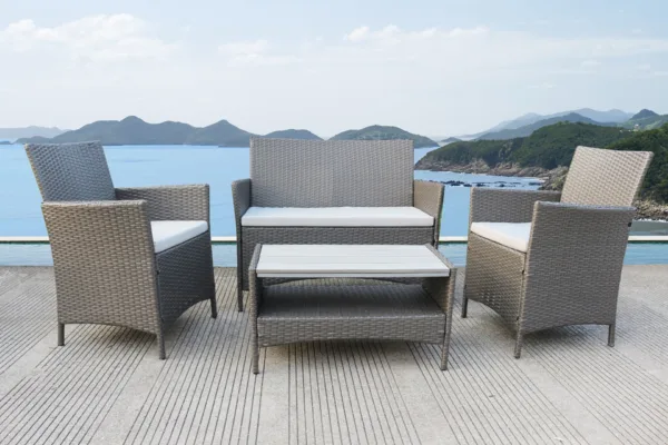 4 Piece Outdoor Sofa Rattan Garden Set with Polywood Coffee Table - Grey