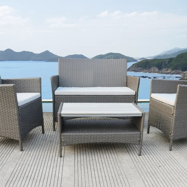 4 Piece Outdoor Sofa Rattan Garden Set with Polywood Coffee Table - Grey