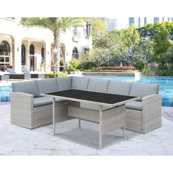 Corner Rattan Sofa Set for Outdoors with Dining Table - Grey