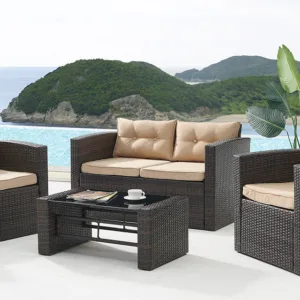4 piece outdoor sofa rattan garden set with coffee table - brown