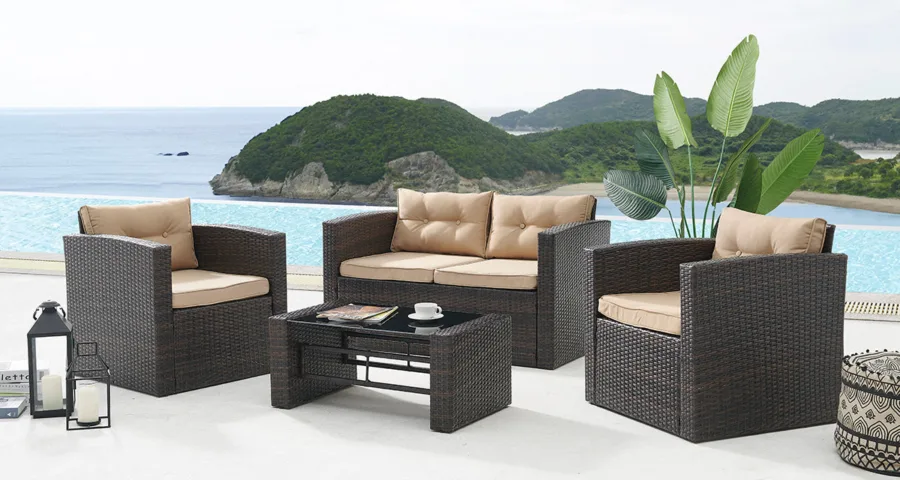 4 piece outdoor sofa rattan garden set with coffee table - brown