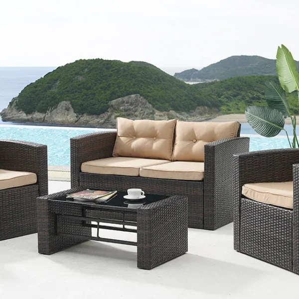 4 Piece Outdoor Sofa Rattan Garden Set with Coffee Table - Brown