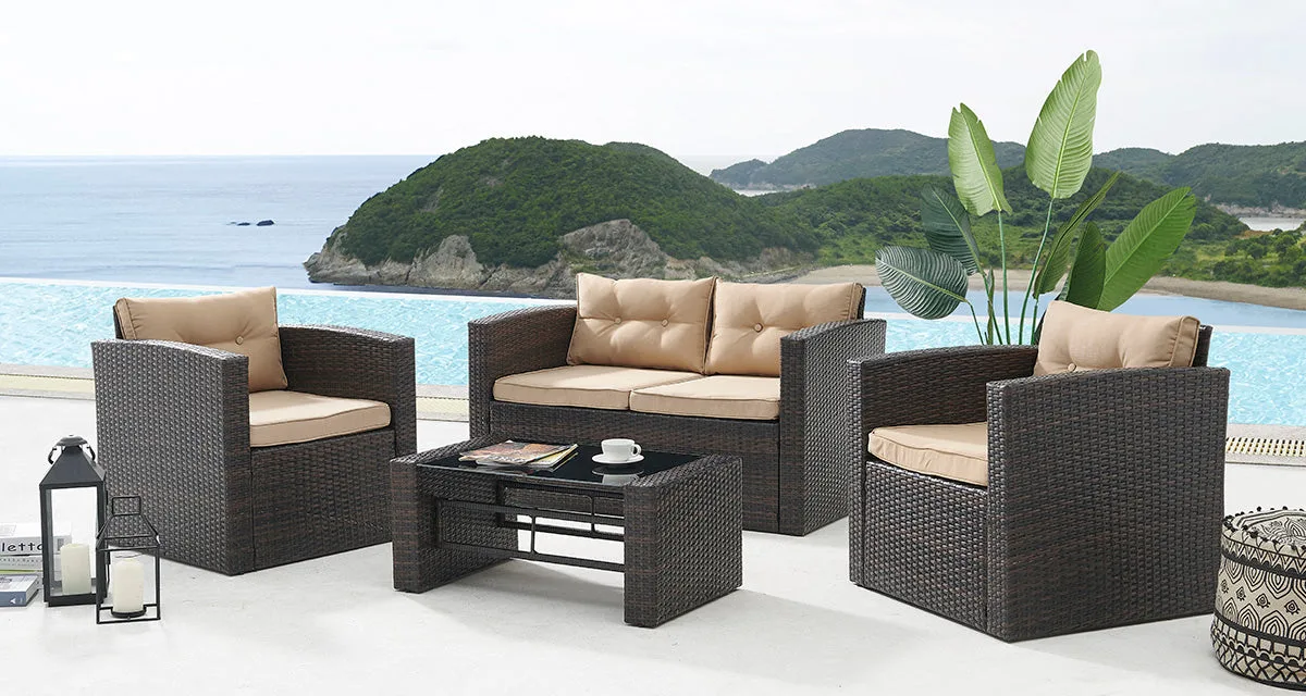 4 piece outdoor sofa rattan garden set with coffee table - brown 4 piece outdoor sofa rattan garden set with coffee table - brown