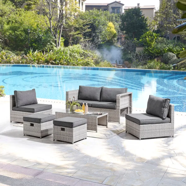 6 Seater Grey Garden Rattan Set with Footstools and Coffee Table