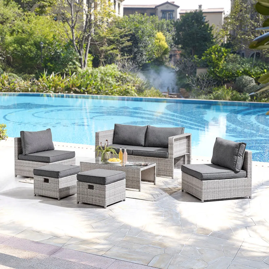6 seater grey garden rattan set with footstools and coffee table