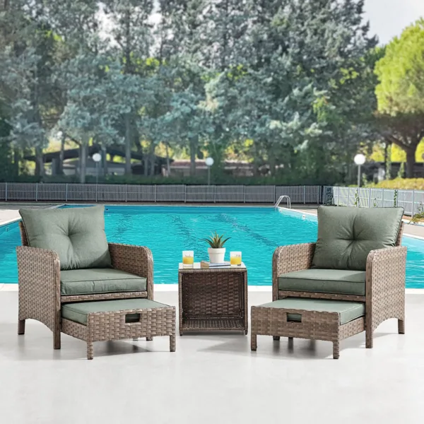 Garden Armchair Rattan Set with Side Table & Ottoman Footstools - Brown