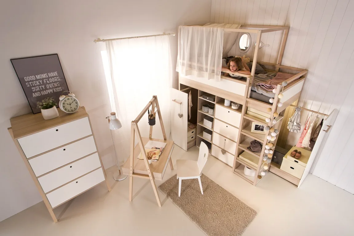 Vox spot high sleeper storage kids bed in acacia & white