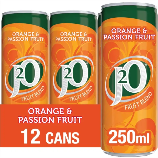 J2O Fruit Juice, Orange and Passionfruit, 250ml Cans (Pack of 12)