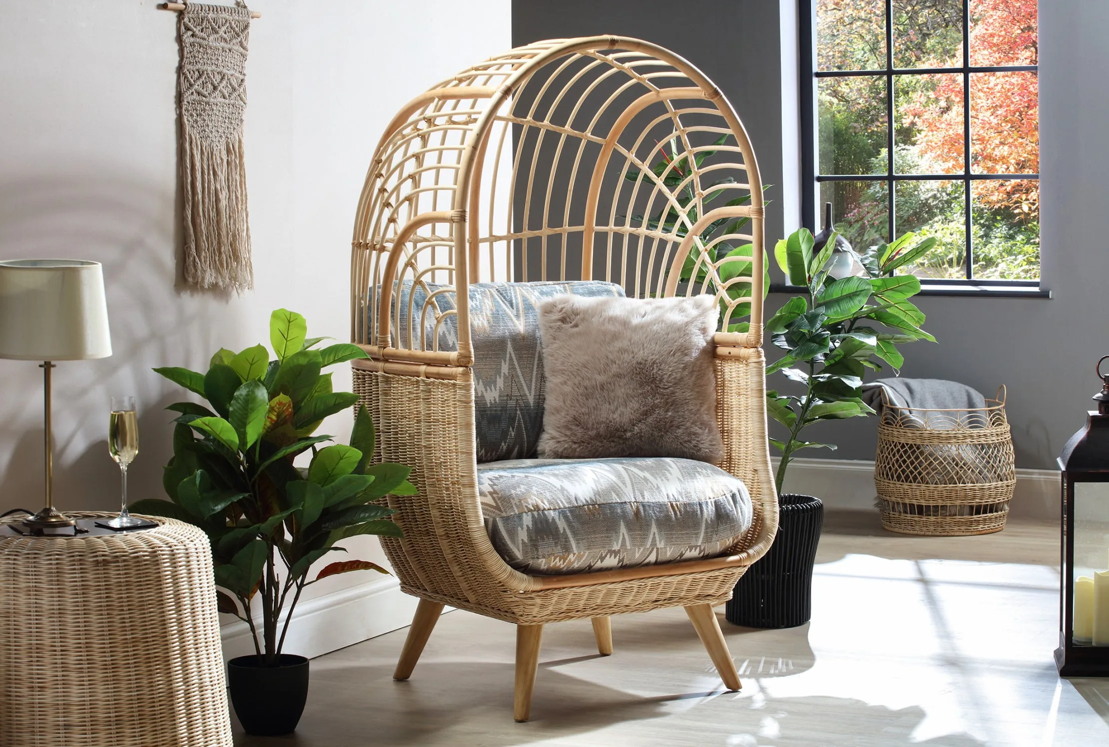 £574. 99 smooth beigevelvet greenalpine this unique natural rattan cocoon chair provides a spacious seating area where you can relax in luxury. The high ceiling of the cane frame allows you to feel like you are in the outdoors and gives you a sense of a hanging egg chair whilst it also boasts a stunning wicker weave on the sides. It is beautifully hand-crafted and also comes in a sofa option. Part assembled – easy to screw in legs and seat hood 4 sturdy and supportive legs handmade in the uk cushions with alpine pattern fabric (65% polyester & 35% viscose – dry clean only) natural rattan – hand-crafted with sustainable farming dimensions: h152cm x w83cm x d83cm – floor to seat: 54cm – seat depth: 51cm in stock | delivered within 7 days natural rattan cocoon chair in alpine cushion quantity 1 add to basket v12 finance calculator please choose your deposit percentage: - select -* please choose your package plan: - select -* sku: 202310-2 categories: wicker chairs, wicker indoor