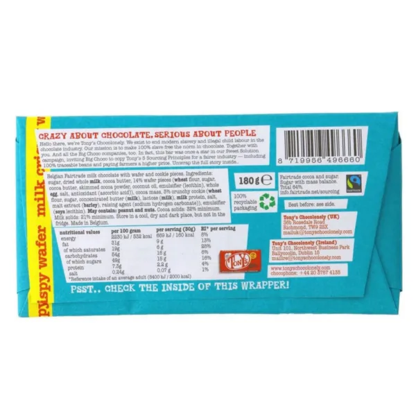 Tony's chocolonely milk crispy wafer chocolate bar - 180g