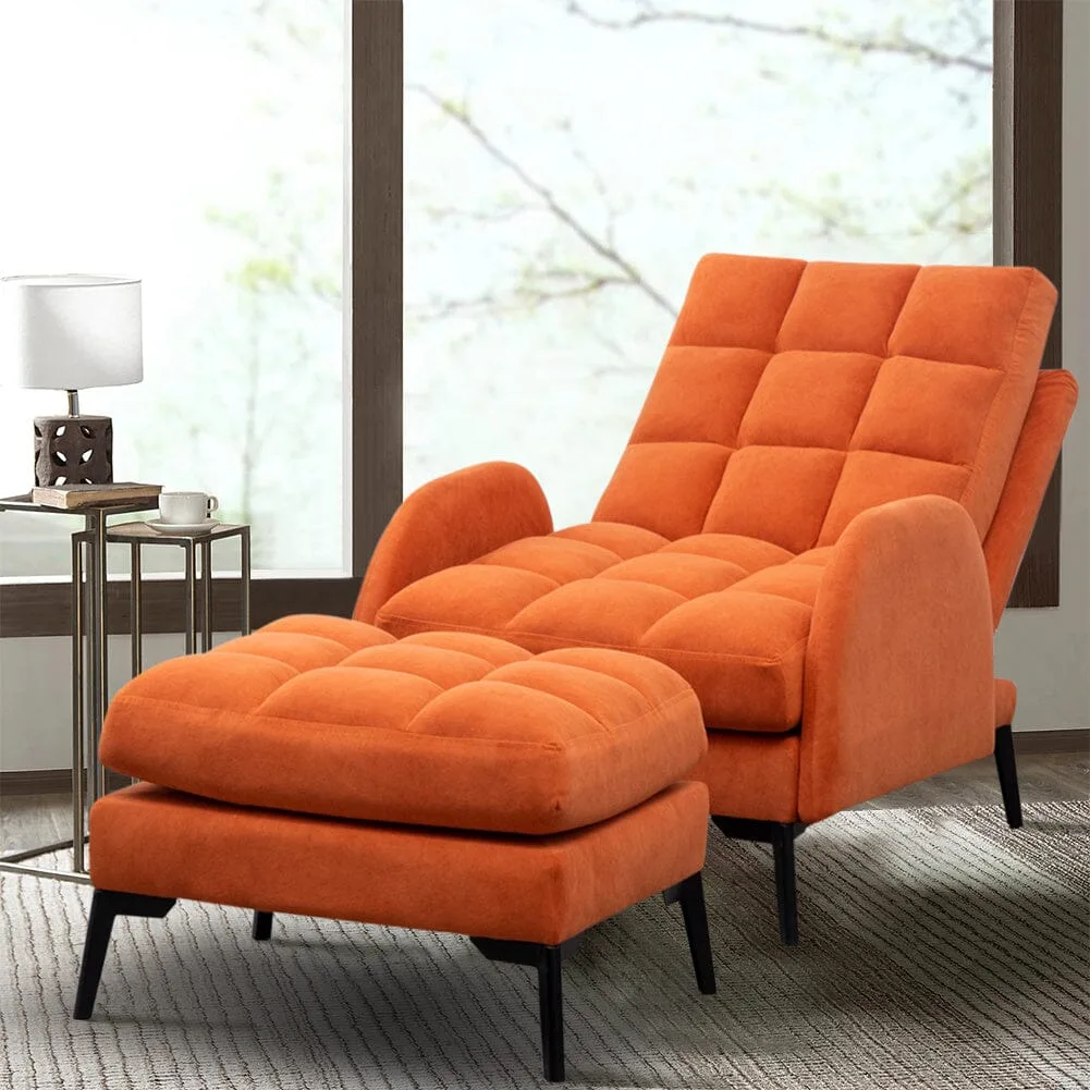 Modern velvet upholstered recliner and ottoman set