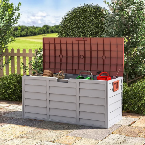 290L Plastic Lockable Grey Garden Storage Box with Brown Cover