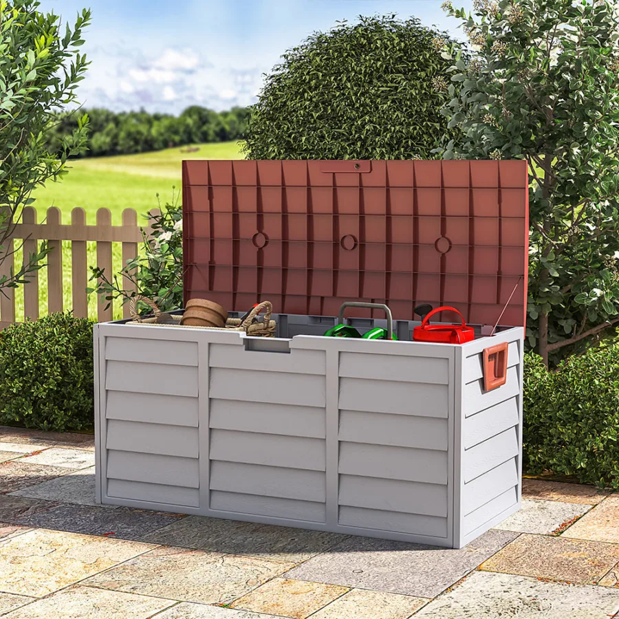 290l plastic lockable grey garden storage box with brown cover