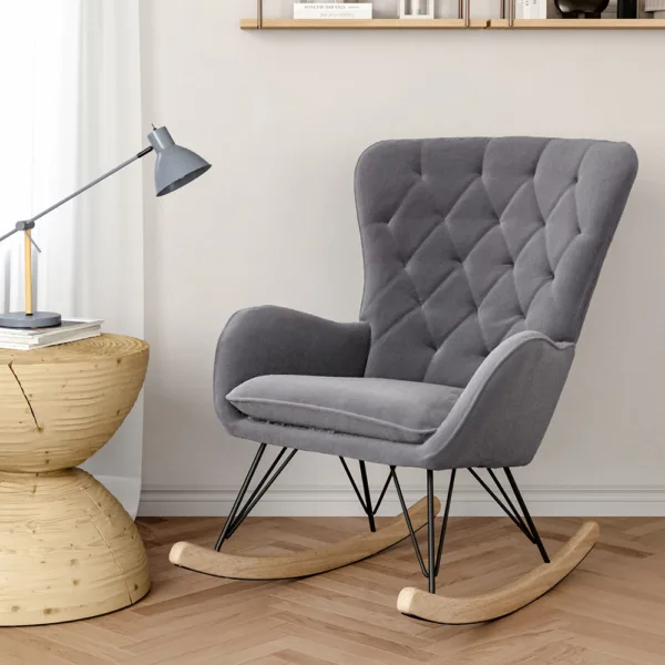 Velvet upholstered nursery rocking chair with removable cushion