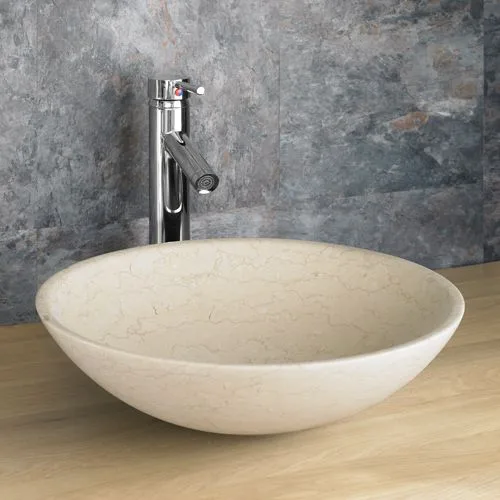 Round countertop cloakroom basin in natural cream stone 300mm dia