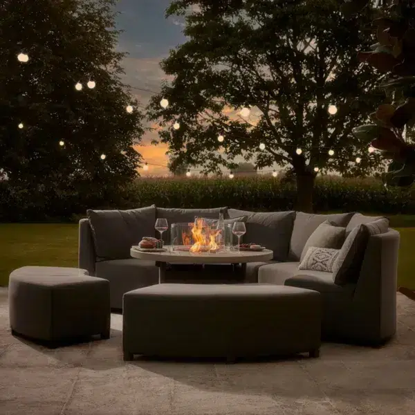 Long island curved modular dining set with firepit